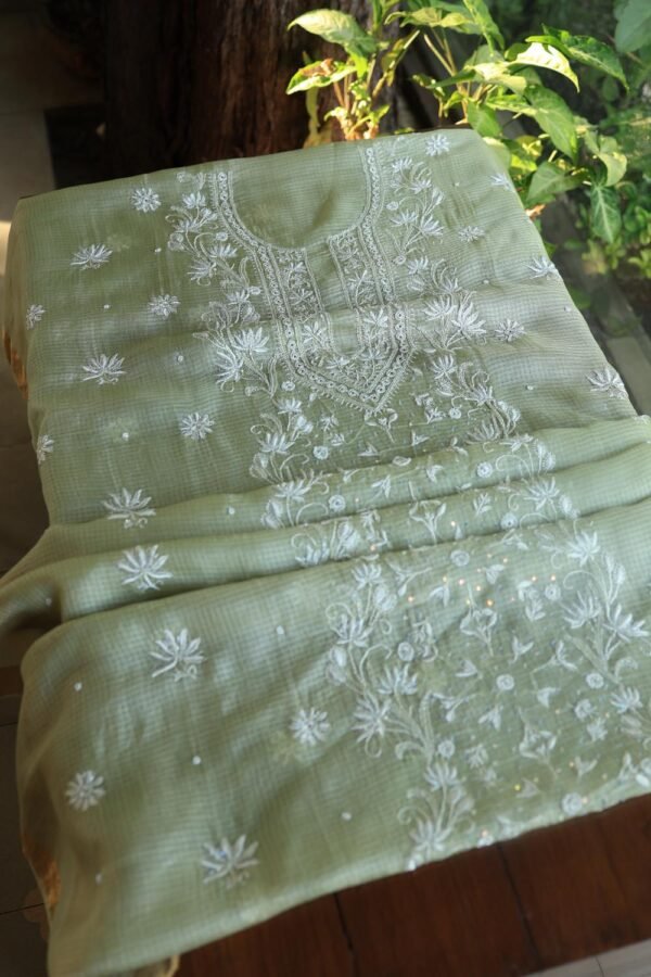 Green Silk Kota Chikankari Unstitched Kurta Dupatta Set - Image 13