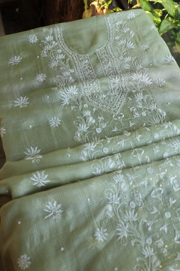 Green Silk Kota Chikankari Unstitched Kurta Dupatta Set - Image 14