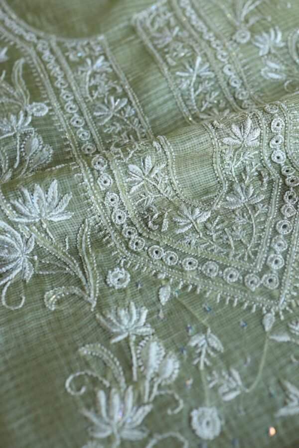 Green Silk Kota Chikankari Unstitched Kurta Dupatta Set - Image 17