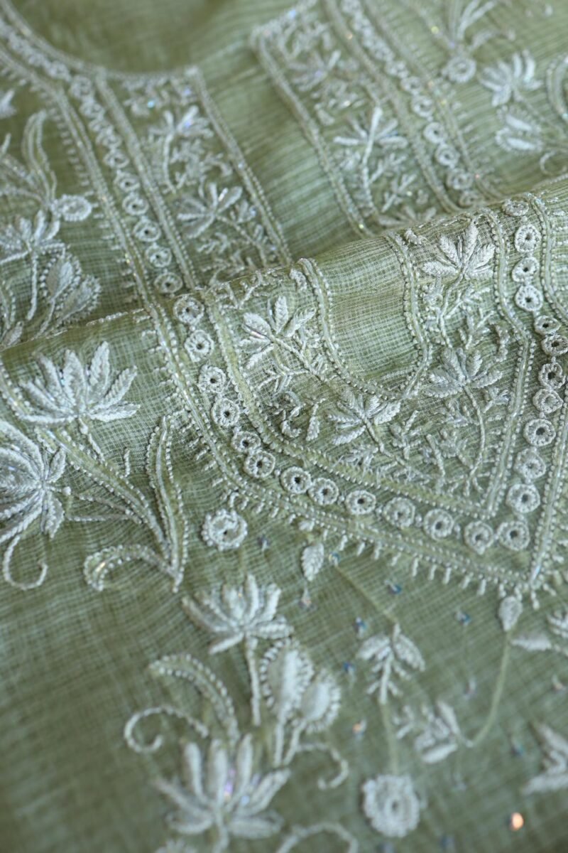 Green Silk Kota Chikankari Unstitched Kurta Dupatta Set