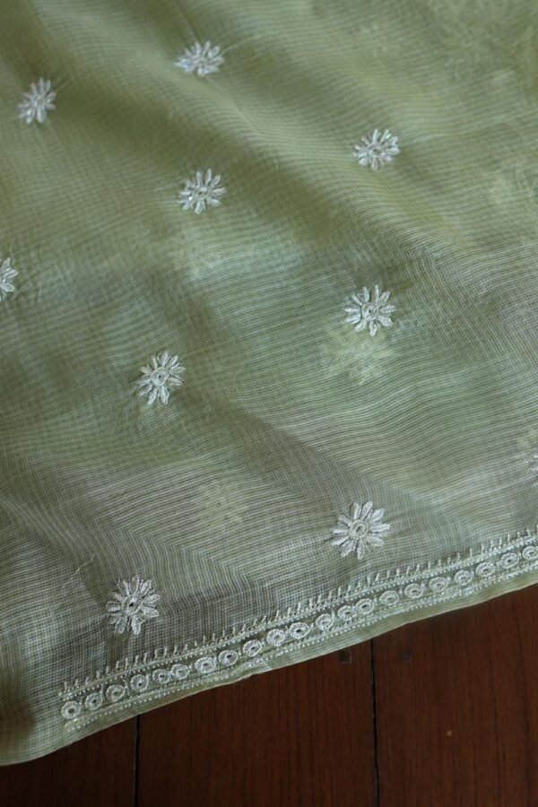 Green Silk Kota Chikankari Unstitched Kurta Dupatta Set - Image 12