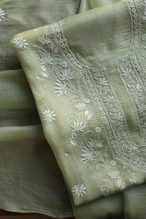 Green Silk Kota Chikankari Unstitched Kurta Dupatta Set - Image 4