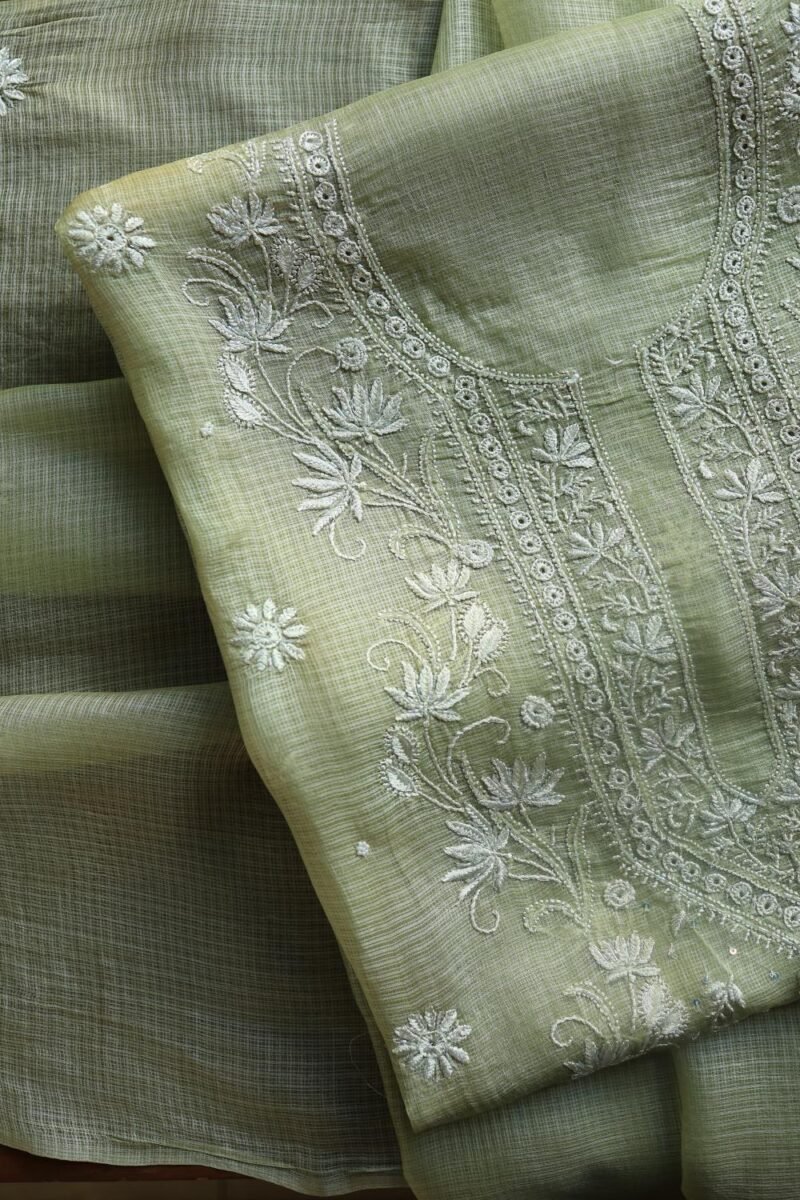 Green Silk Kota Chikankari Unstitched Kurta Dupatta Set
