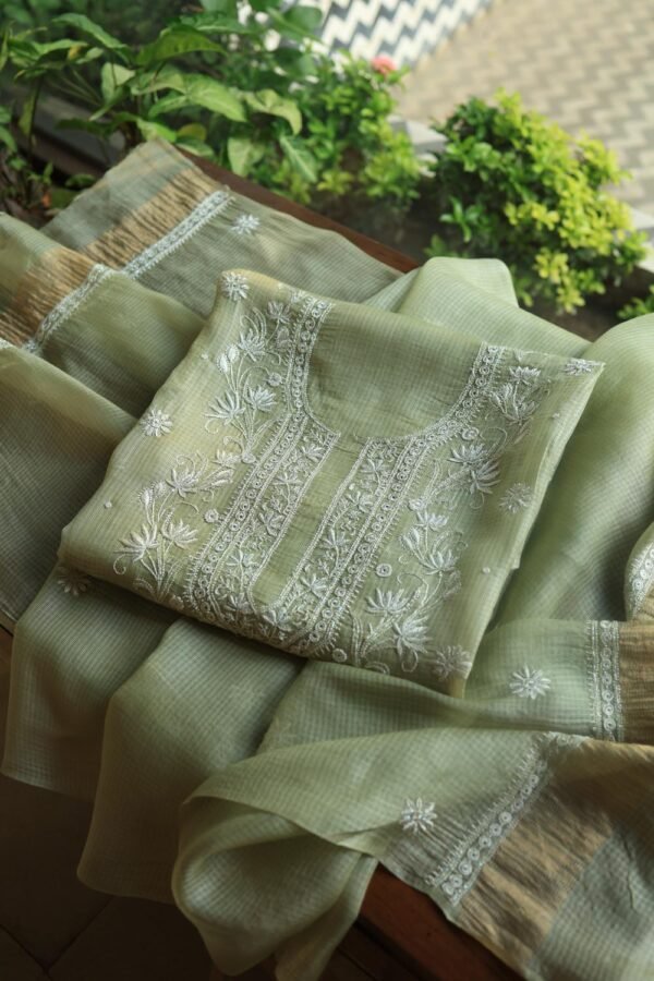 Green Silk Kota Chikankari Unstitched Kurta Dupatta Set - Image 7