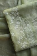 Green Silk Kota Chikankari Unstitched Kurta Dupatta Set