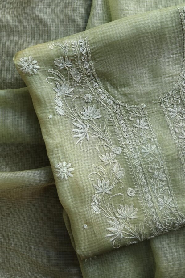 Green Silk Kota Chikankari Unstitched Kurta Dupatta Set - Image 9