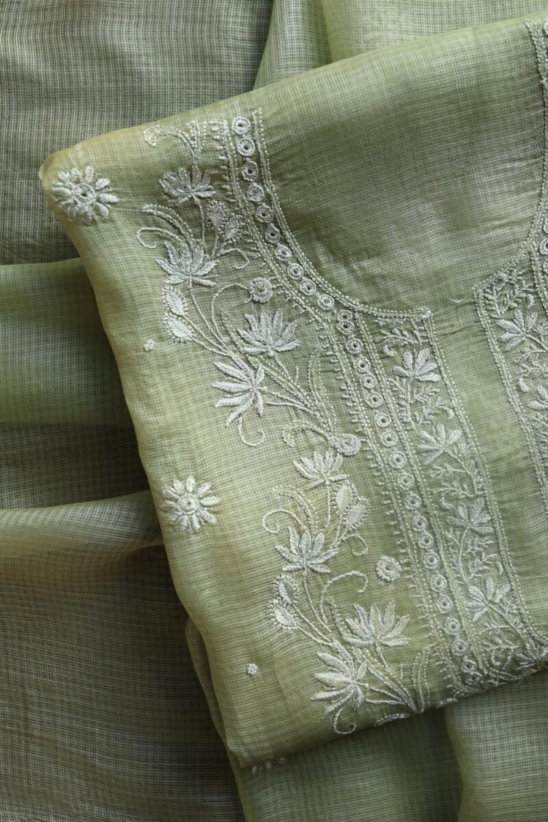Green Silk Kota Chikankari Unstitched Kurta Dupatta Set