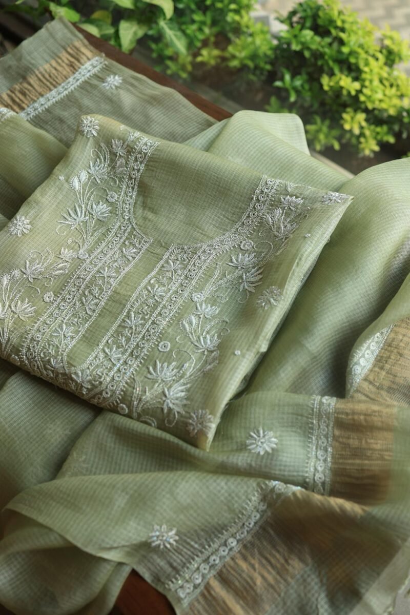 Green Silk Kota Chikankari Unstitched Kurta Dupatta Set