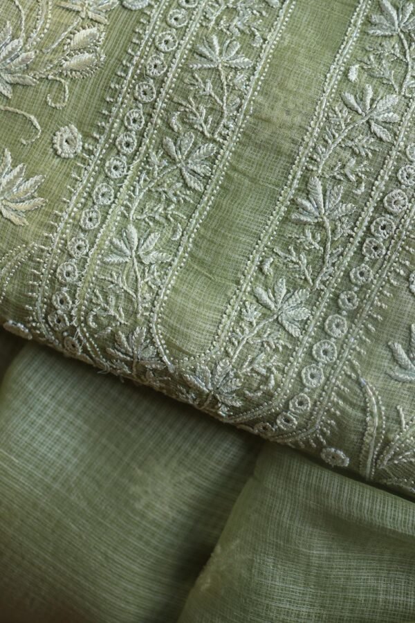 Green Silk Kota Chikankari Unstitched Kurta Dupatta Set - Image 2