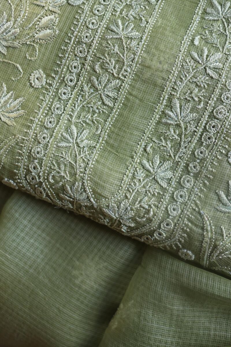 Green Silk Kota Chikankari Unstitched Kurta Dupatta Set