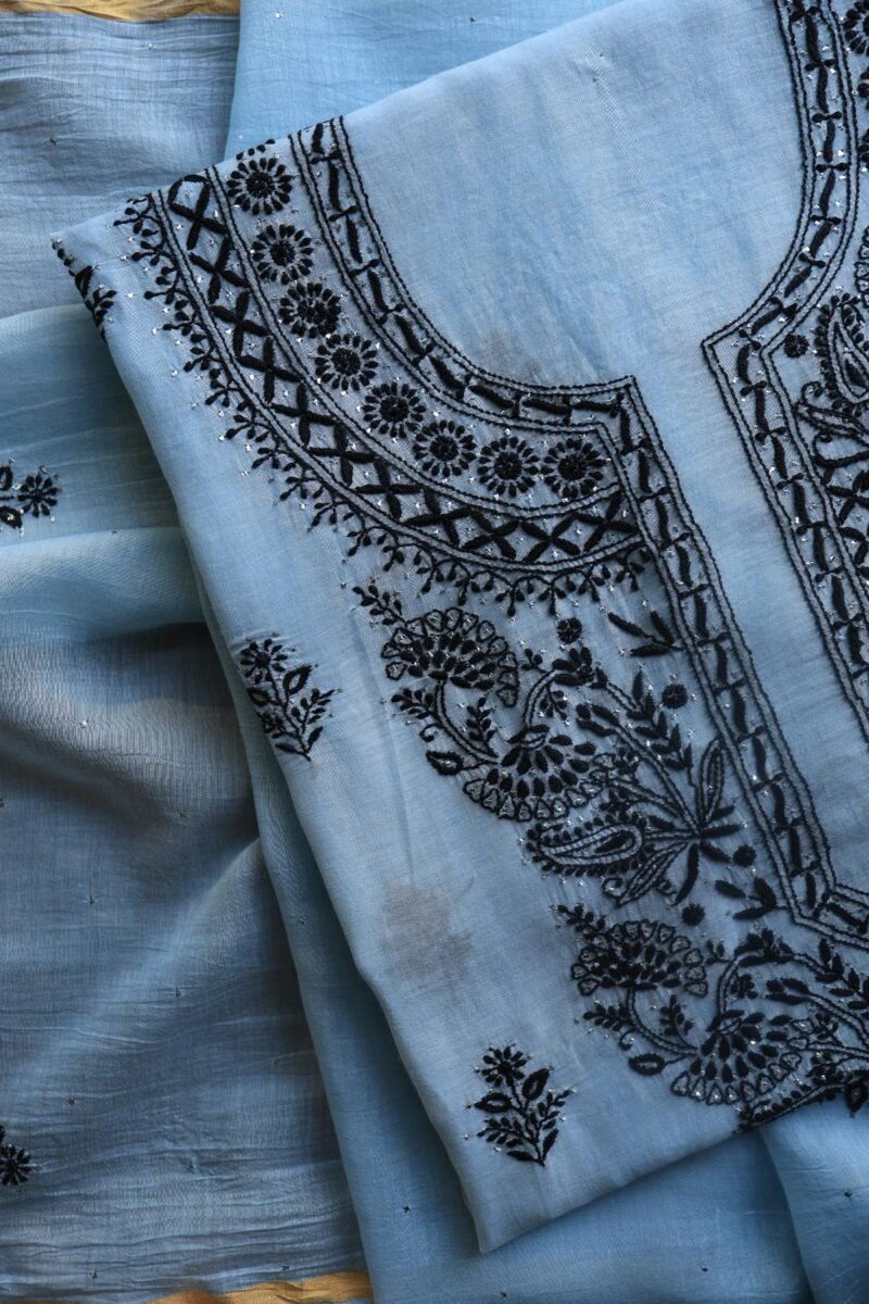 Grey & Black Mal Cotton Chikankari Unstitched Kurta Dupatta Fabrics With Kamdani