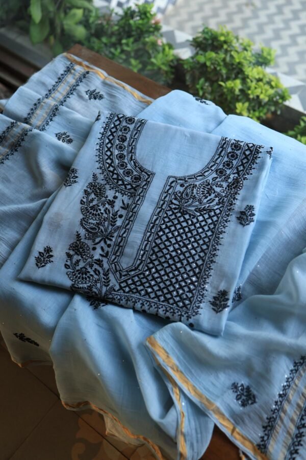Grey & Black Mal Cotton Chikankari Unstitched Kurta Dupatta Fabrics With Kamdani