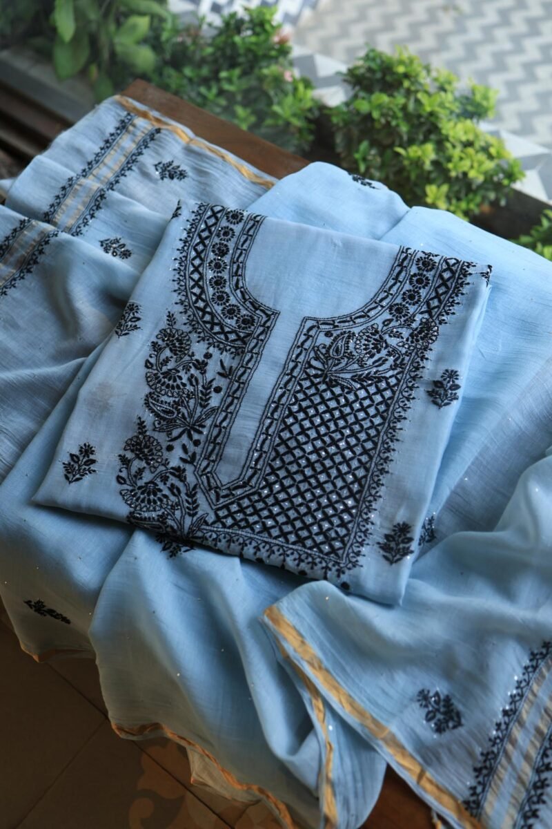 Grey & Black Mal Cotton Chikankari Unstitched Kurta Dupatta Fabrics With Kamdani