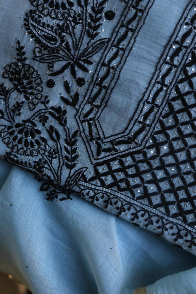 Grey & Black Mal Cotton Chikankari Unstitched Kurta Dupatta Fabrics With Kamdani