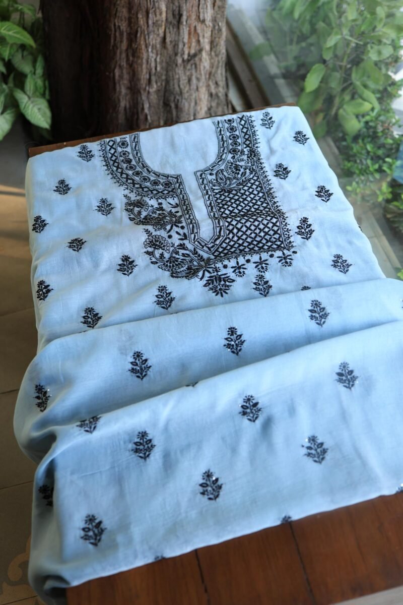 Grey & Black Mal Cotton Chikankari Unstitched Kurta Dupatta Fabrics With Kamdani
