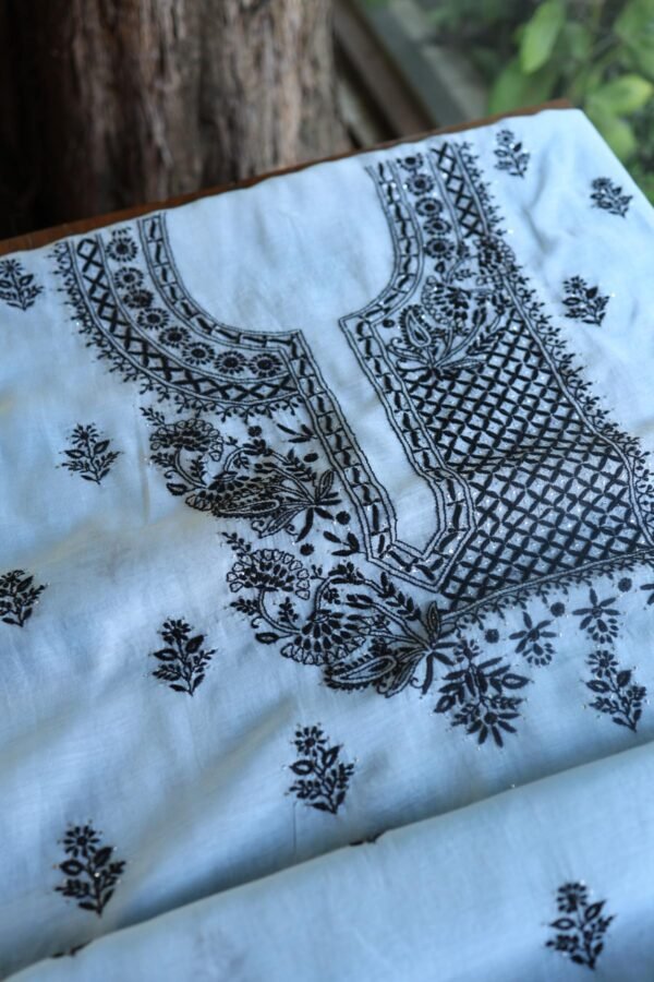 Grey & Black Mal Cotton Chikankari Unstitched Kurta Dupatta Fabrics With Kamdani - Image 6