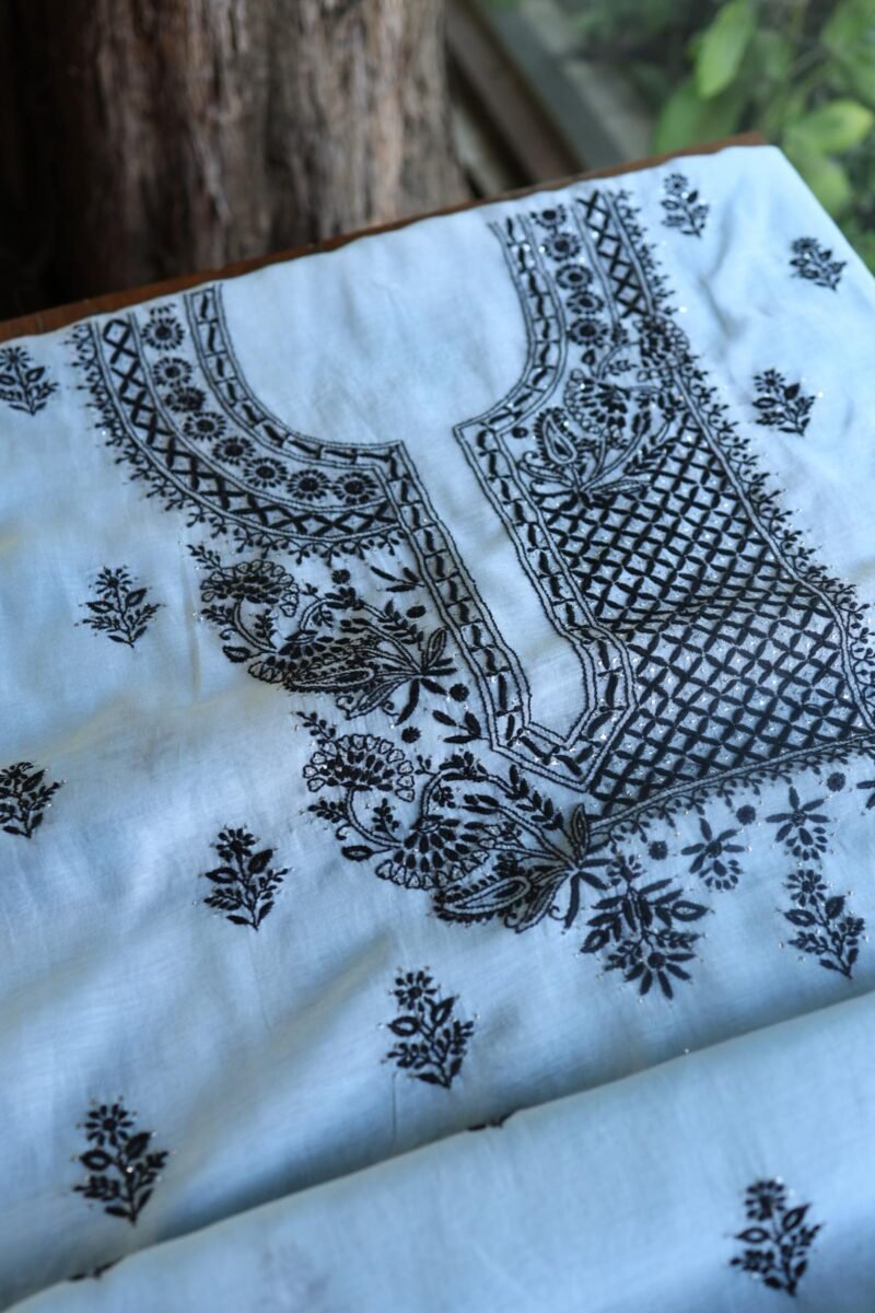 Grey & Black Mal Cotton Chikankari Unstitched Kurta Dupatta Fabrics With Kamdani