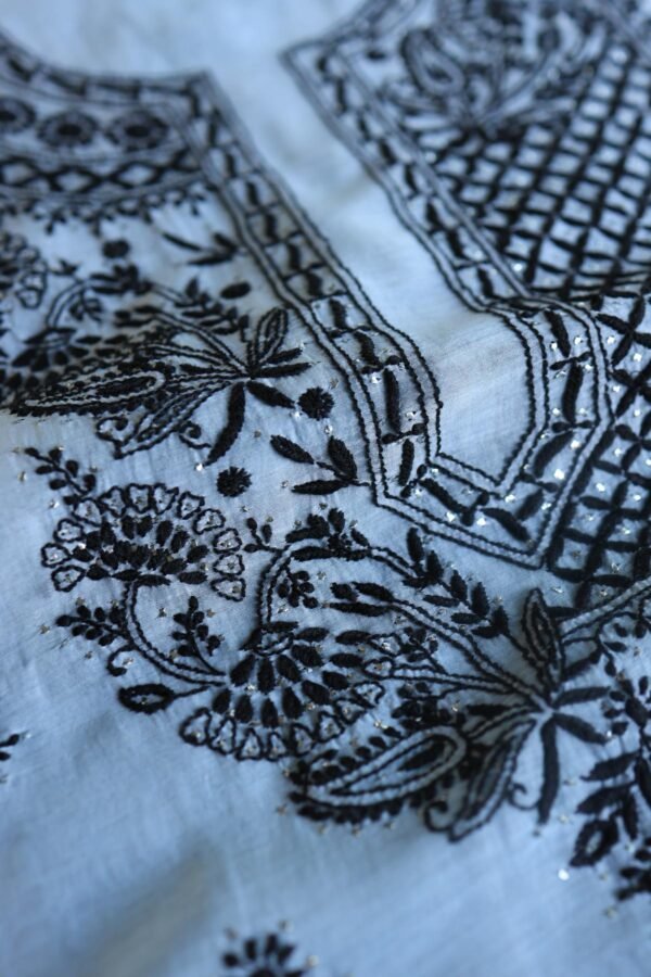 Grey & Black Mal Cotton Chikankari Unstitched Kurta Dupatta Fabrics With Kamdani - Image 7