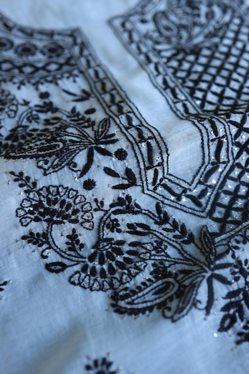 Grey & Black Mal Cotton Chikankari Unstitched Kurta Dupatta Fabrics With Kamdani