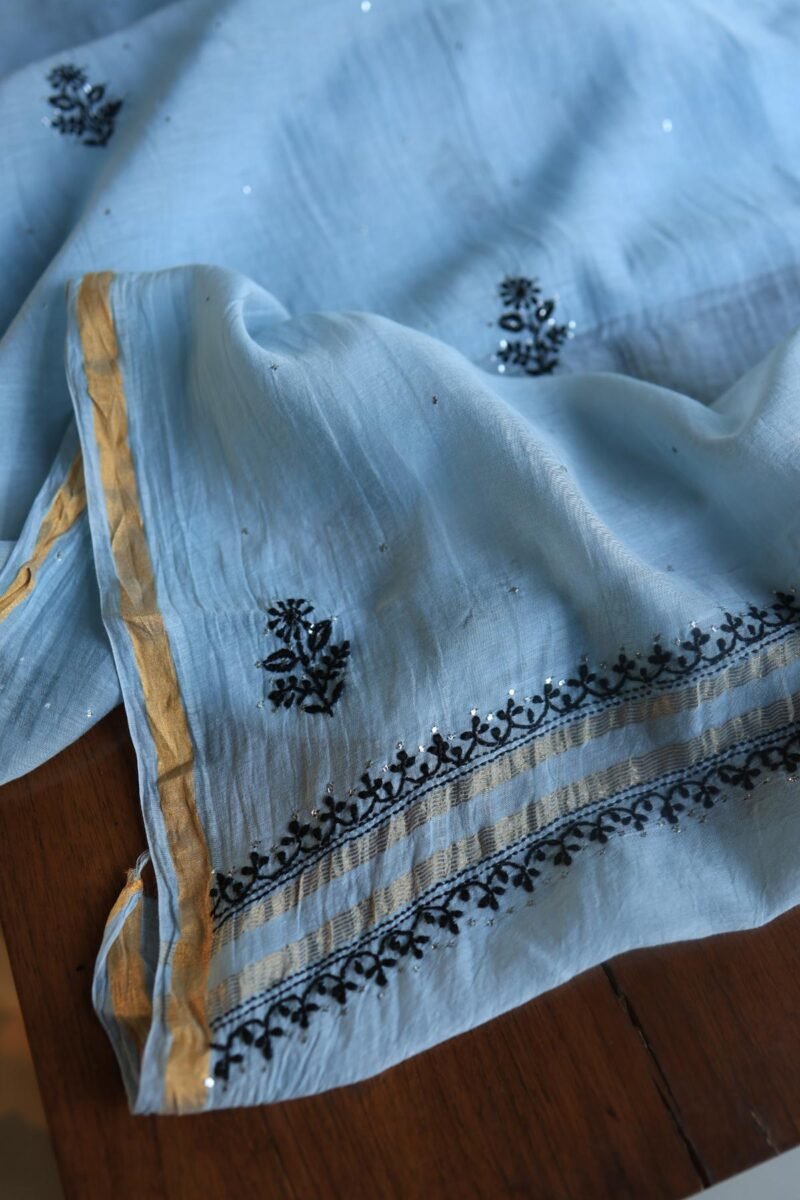 Grey & Black Mal Cotton Chikankari Unstitched Kurta Dupatta Fabrics With Kamdani