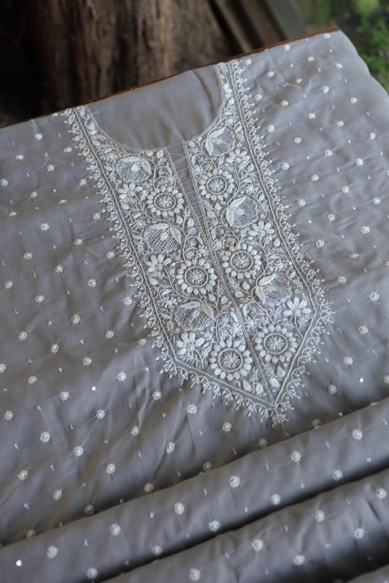 Grey Cotton Chikankari Unstitched Kurta Fabrics