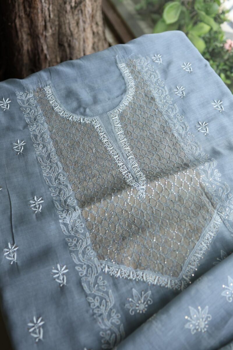 Grey Daraz Chanderi Chikankari Kurta Fabrics