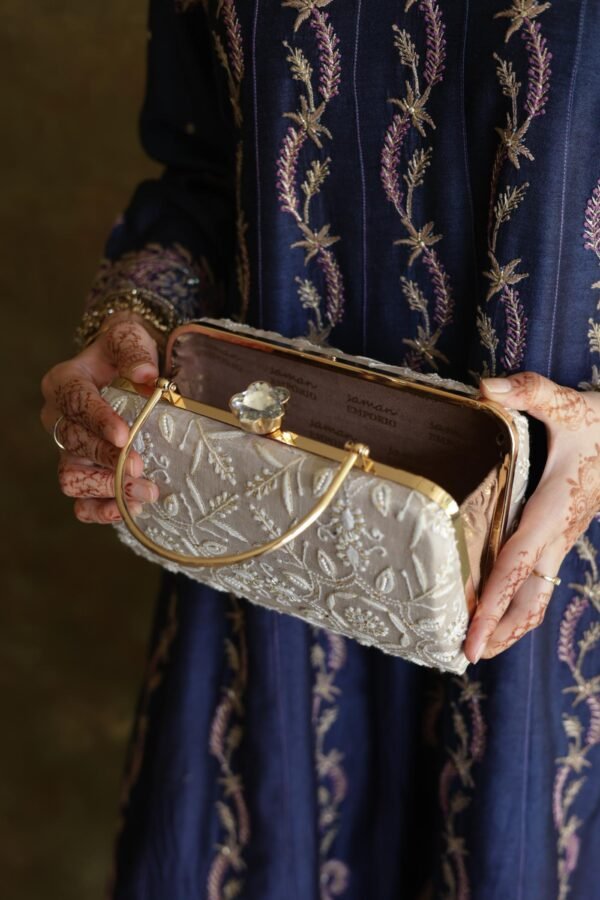 Grey Floral Motif Chikankari Linen Handle Sling Clutch - Image 3