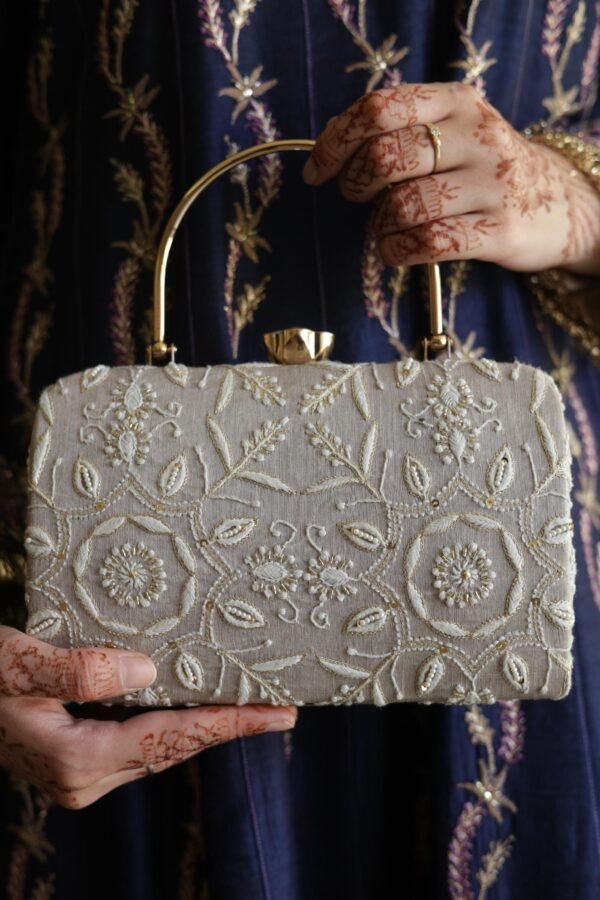 Grey Floral Motif Chikankari Linen Handle Sling Clutch