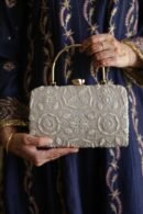 Grey Floral Motif Chikankari Linen Handle Sling Clutch