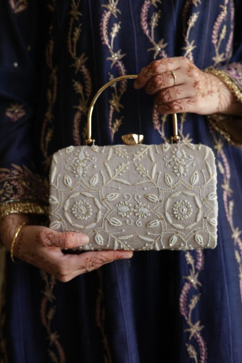 Grey Floral Motif Chikankari Linen Handle Sling Clutch