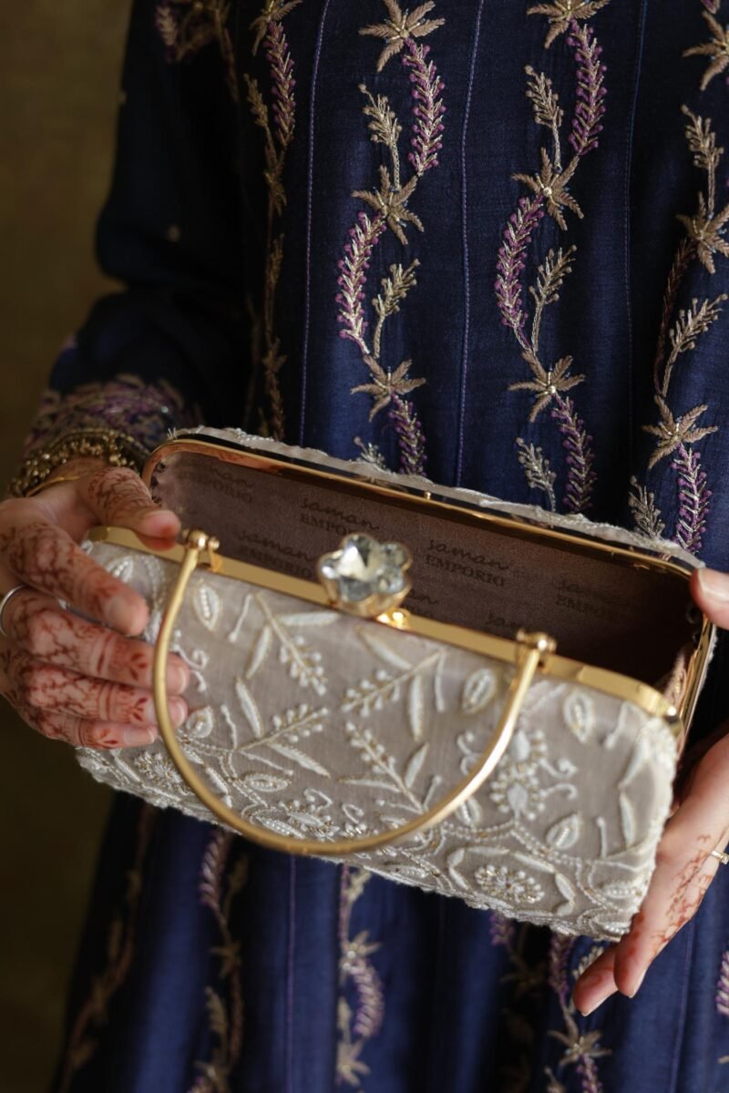 Grey Floral Motif Chikankari Linen Handle Sling Clutch