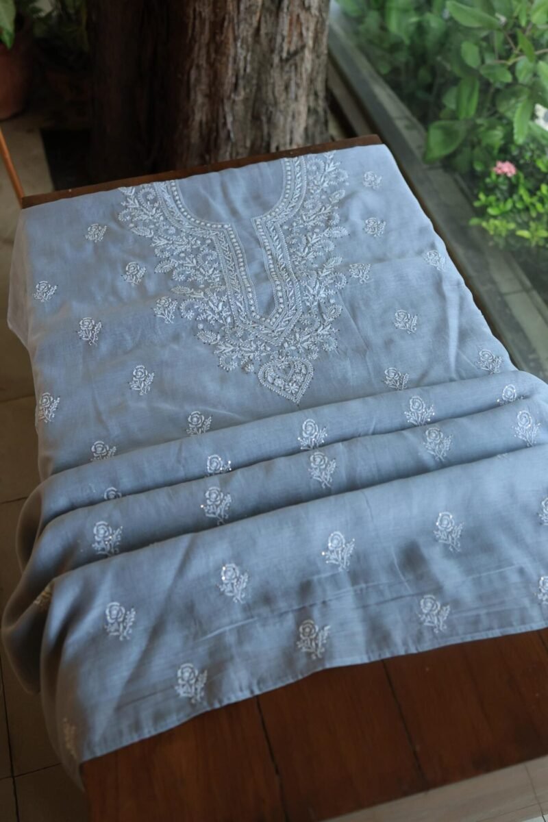 Grey Mal Cotton Chikankari Unstitched Kurta Dupatta Fabrics With Kamdani