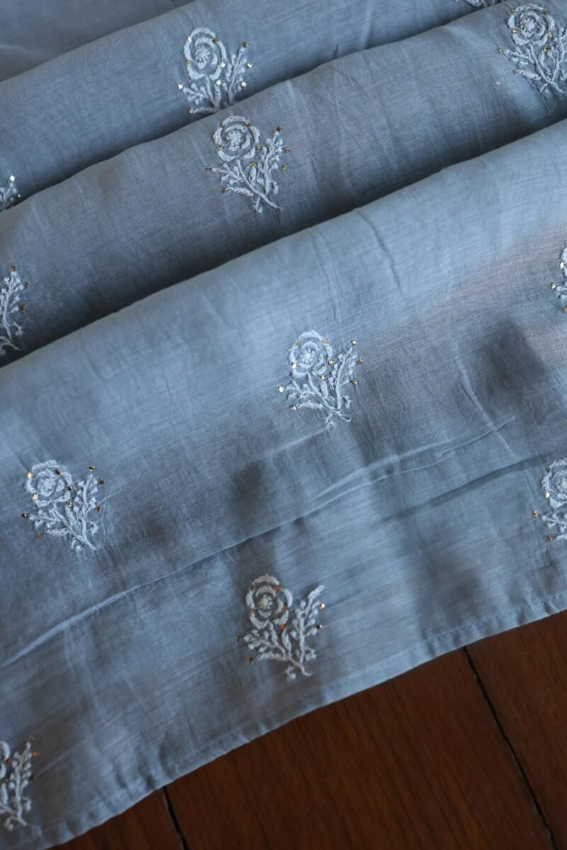 Grey Mal Cotton Chikankari Unstitched Kurta Dupatta Fabrics With Kamdani