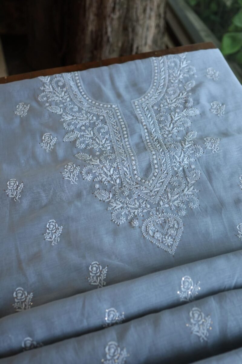 Grey Mal Cotton Chikankari Unstitched Kurta Dupatta Fabrics With Kamdani