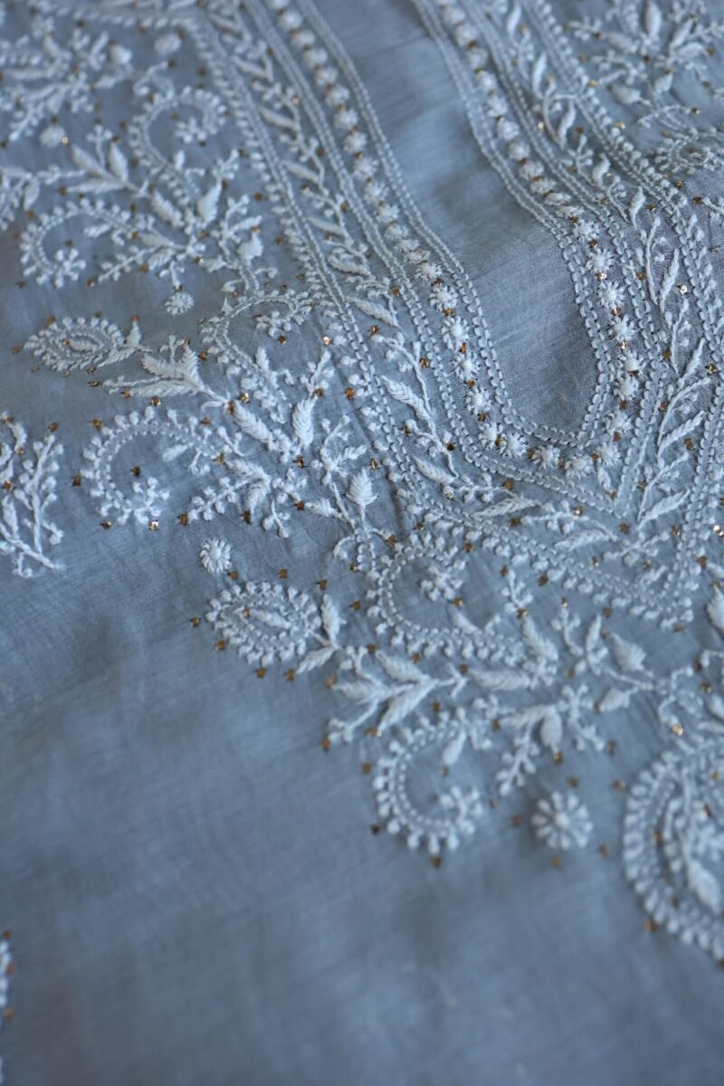 Grey Mal Cotton Chikankari Unstitched Kurta Dupatta Fabrics With Kamdani