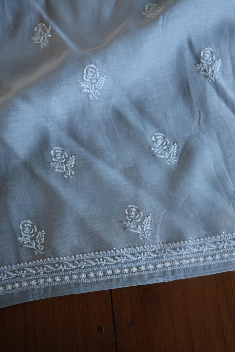 Grey Mal Cotton Chikankari Unstitched Kurta Dupatta Fabrics With Kamdani