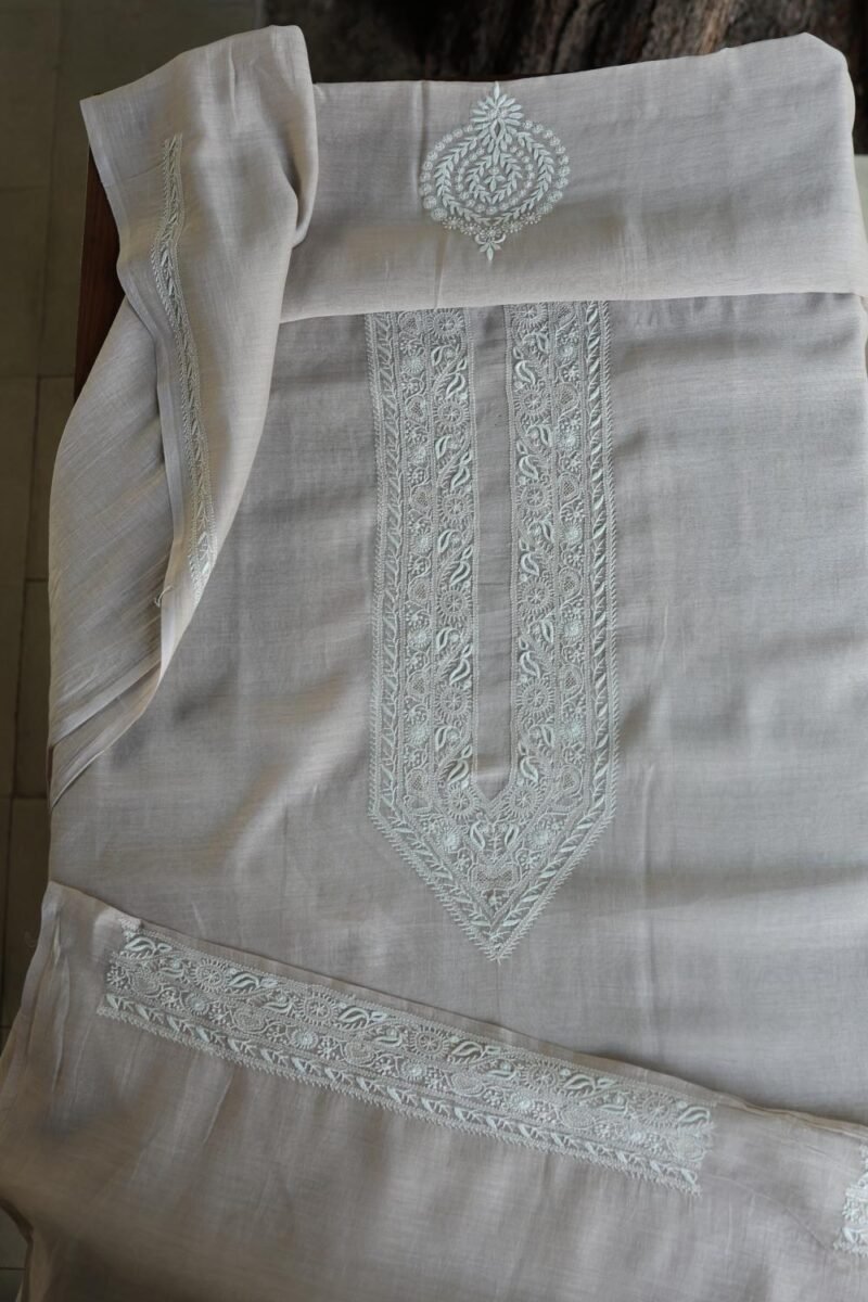 Grey Malmal Chikankari Unstitched Men's Kurtas Fabrics