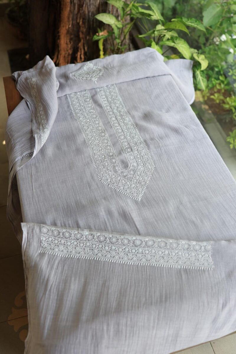 Grey Malmal Chikankari Unstitched Men's Kurtas Fabrics