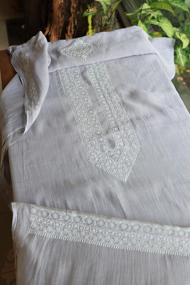 Grey Malmal Chikankari Unstitched Men's Kurtas Fabrics