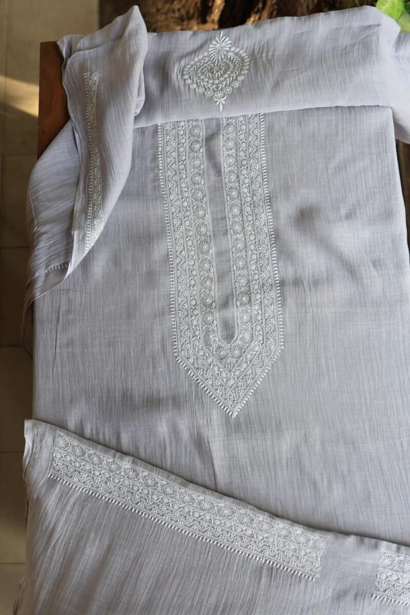 Grey Malmal Chikankari Unstitched Men's Kurtas Fabrics