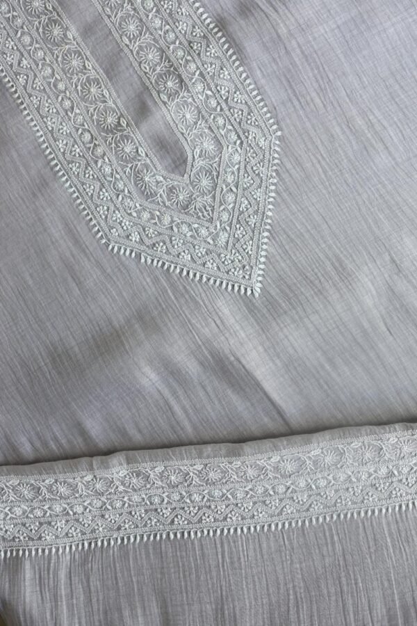 Grey Malmal Chikankari Unstitched Men's Kurtas Fabrics - Image 6