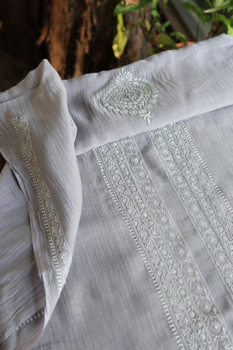 Grey Malmal Chikankari Unstitched Men's Kurtas Fabrics