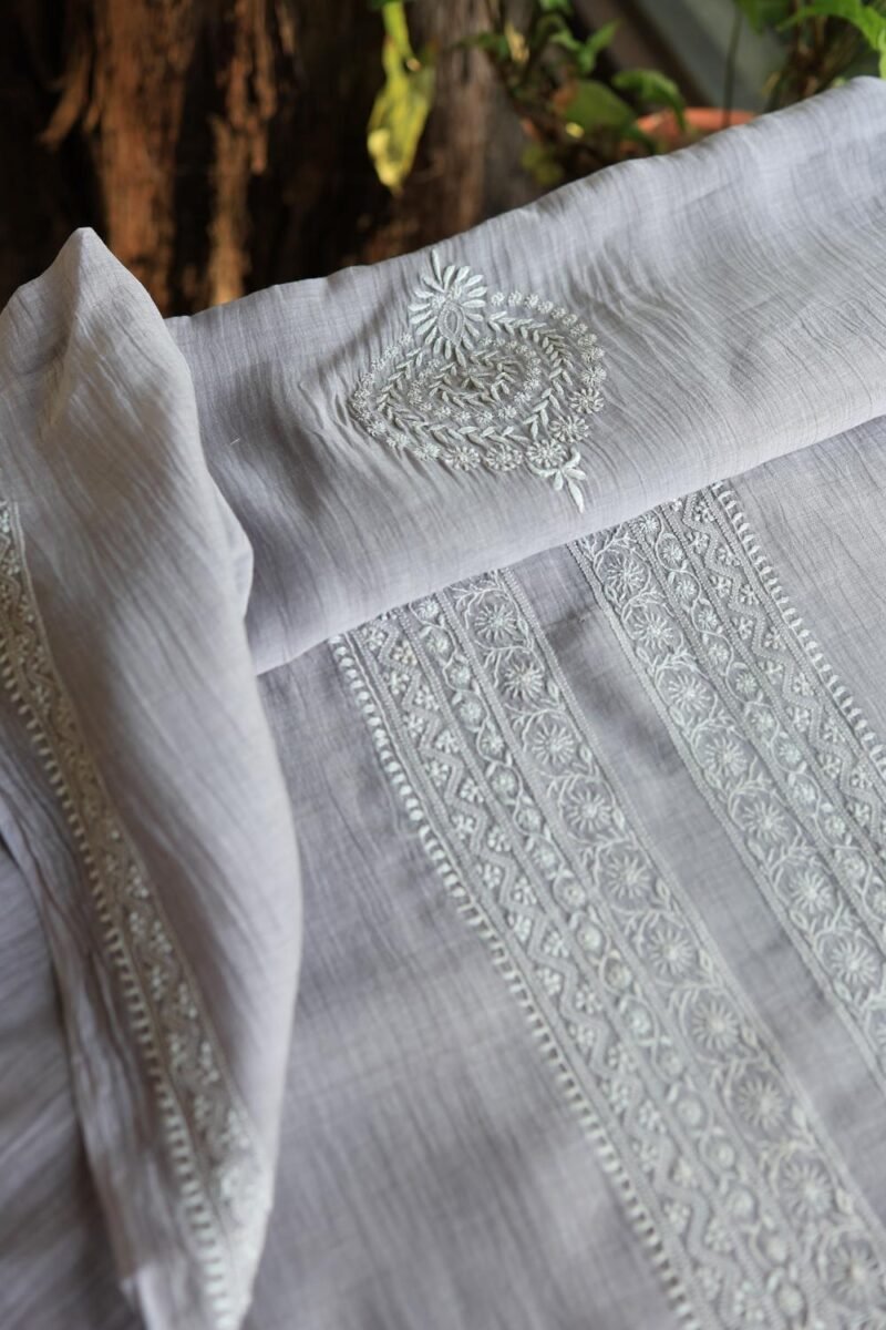 Grey Malmal Chikankari Unstitched Men's Kurtas Fabrics
