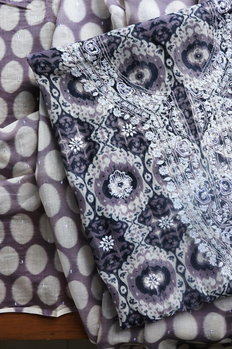 Grey & White Soft Cotton Printed Unstitched Kurta Dupatta Set with Chikankari & Sequin Work