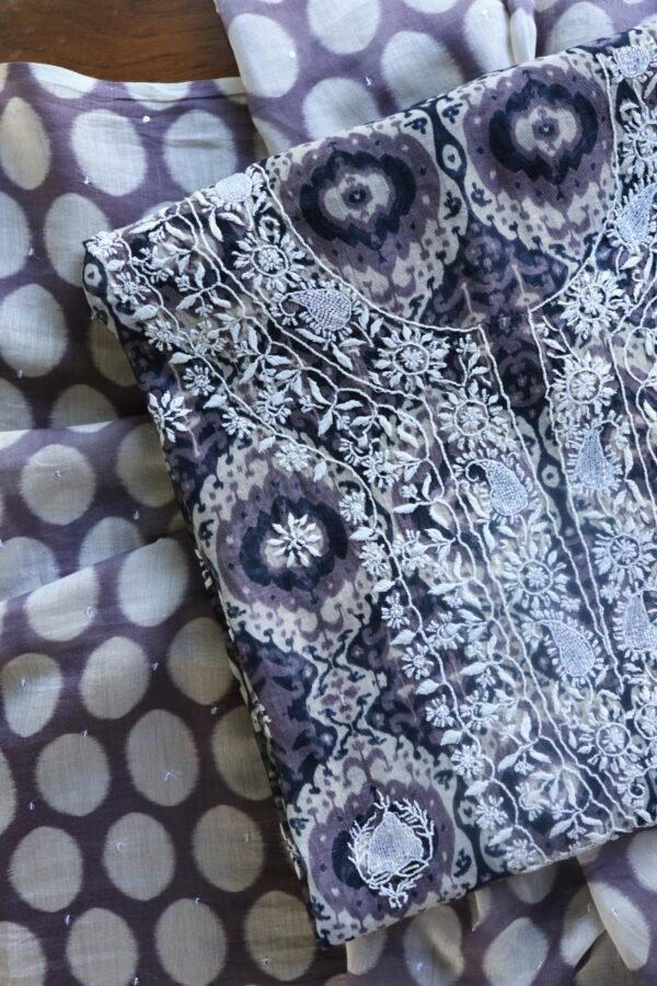 Grey & White Soft Cotton Printed Unstitched Kurta Dupatta Set with Chikankari & Sequin Work