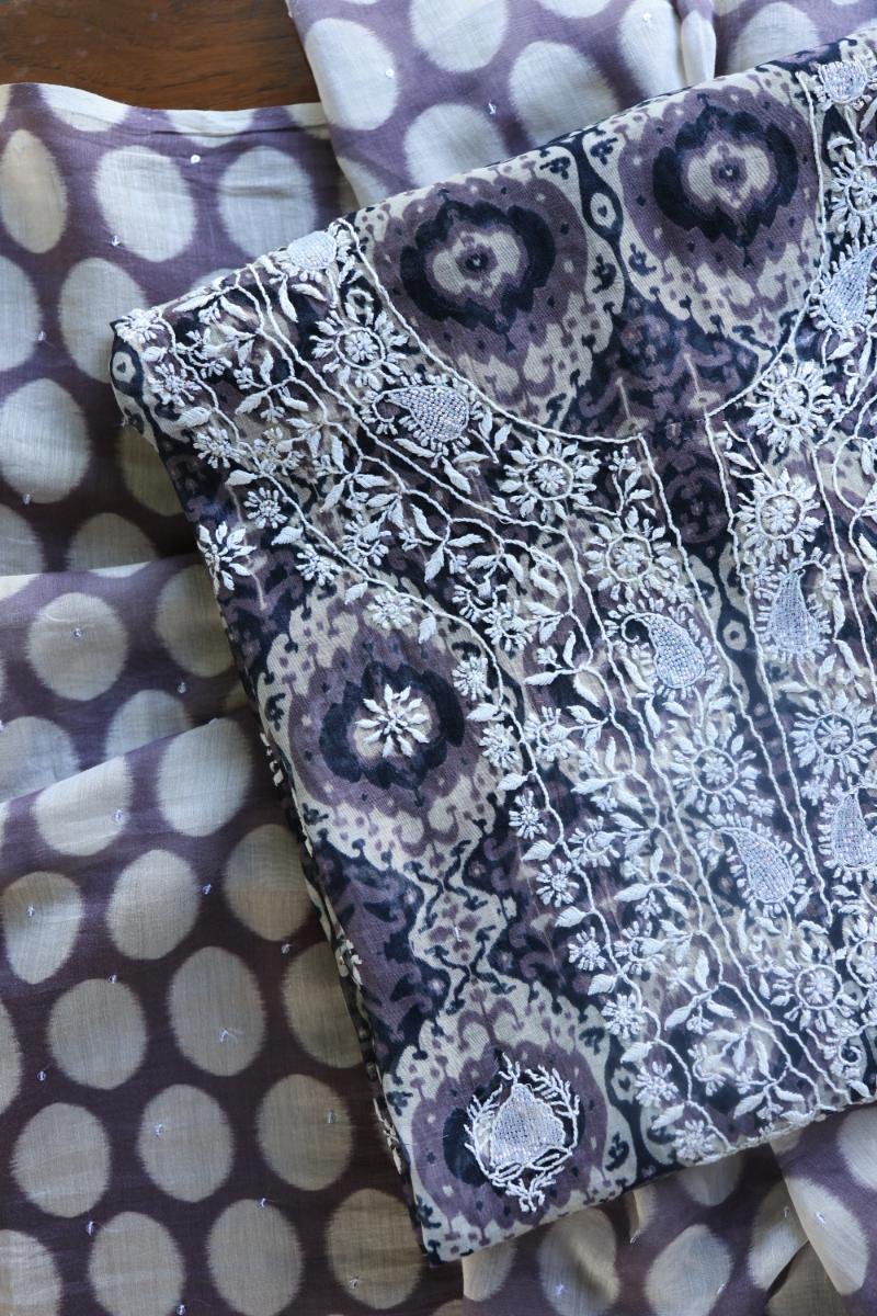 Grey & White Soft Cotton Printed Unstitched Kurta Dupatta Set with Chikankari & Sequin Work
