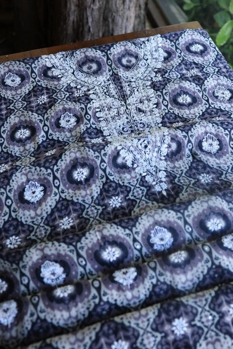 Grey & White Soft Cotton Printed Unstitched Kurta Dupatta Set with Chikankari & Sequin Work