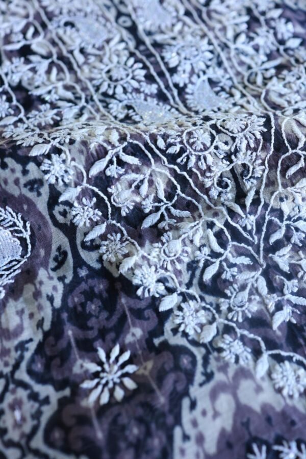 Grey & White Soft Cotton Printed Unstitched Kurta Dupatta Set with Chikankari & Sequin Work - Image 11