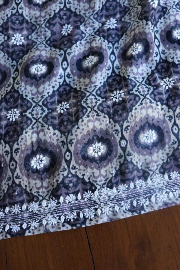 Grey & White Soft Cotton Printed Unstitched Kurta Dupatta Set with Chikankari & Sequin Work - Image 14