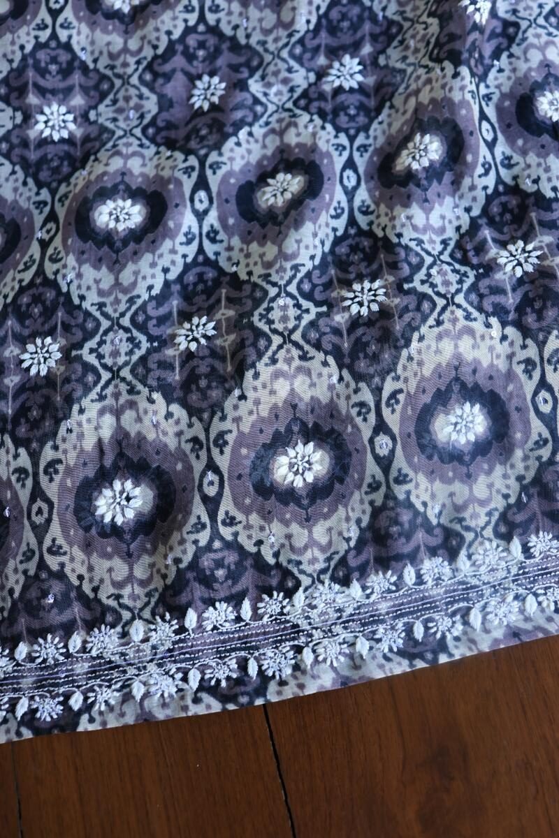 Grey & White Soft Cotton Printed Unstitched Kurta Dupatta Set with Chikankari & Sequin Work